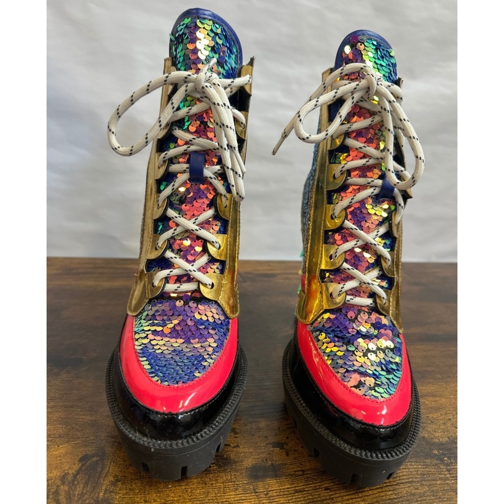 Cape Robbin Nell Glitter Chunky High Heel Platform Lace Up Boot Mermaid Womens 9 - Picture 4 of 16